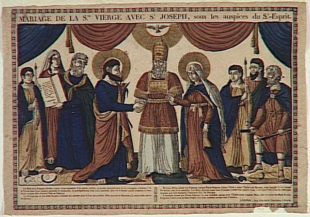 François Georgin ; Pellerin imagerie ancienne MARIAGE DE LA Ste. VIERGE AVEC St. JOSEPH, sous les auspices du St.- Esprit. Lorraine, France 1837 1959.74.8 Photo RMN-Grand Palais (Mucem)