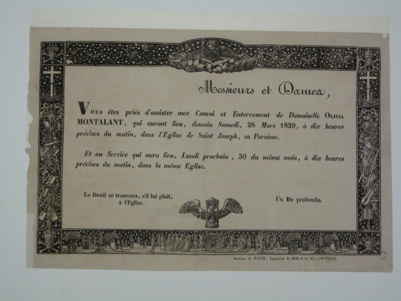 Durouchail Pierre ; Pavie L. imagerie ancienne Faire part mortuaire Angers 1829 1977.4.36 Photo Mucem