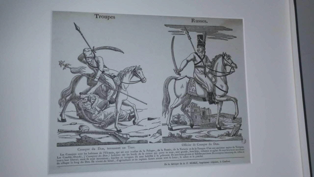 Godard Pierre Louis ; Amand-François Hurez imagerie ancienne Troupes Russes.  Cosaque du Don, terrassant un Turc.  Officier de Cosaque du Don. Cambrai 1817-1832 1986.81.17 Photo Mucem