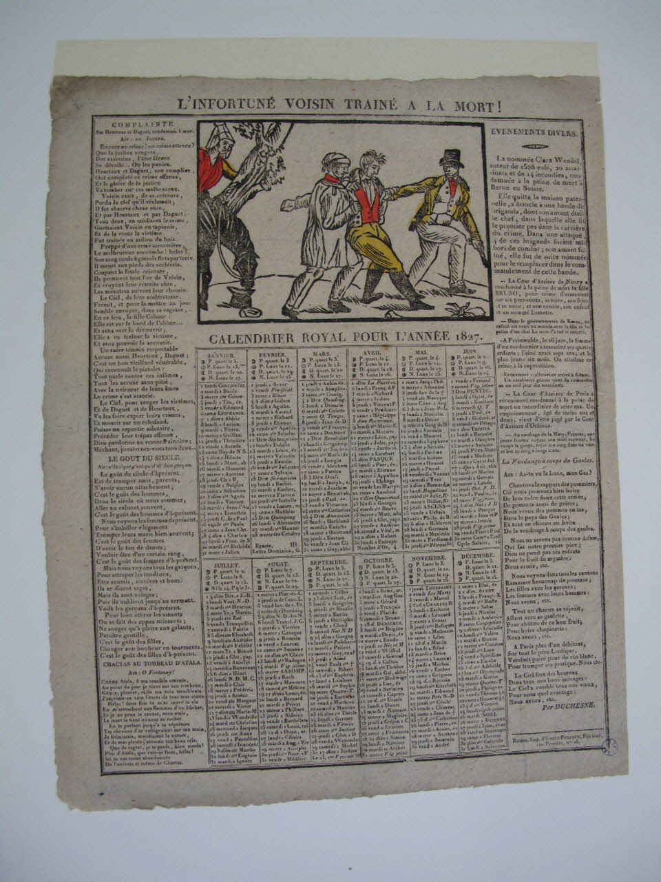 Emile Périaux imagerie ancienne L'INFORTUNE VOISIN TRAINE A LA MORT !  CALENDRIER ROYAL POUR L'ANNEE 1827. Rouen 1826 1953.12.87 Photo Mucem