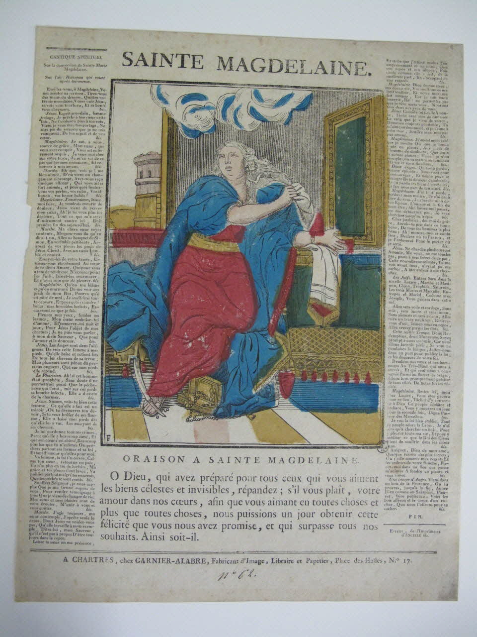 Fleuret ; Charles Le Brun ; Jacques-Pierre Garnier-Allabre imagerie ancienne SAINTE MAGDELAINE.  ORAISON A SAINTE MAGDELAINE. Chartres 1822-1823 1953.12.10 Photo Mucem