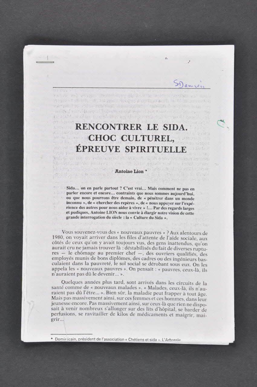 Tiré à part "Antoine Lion. Rencontrer le Sida. Choc culturel, épreuve spirituelle" 2003.100.16 Photo Mucem
