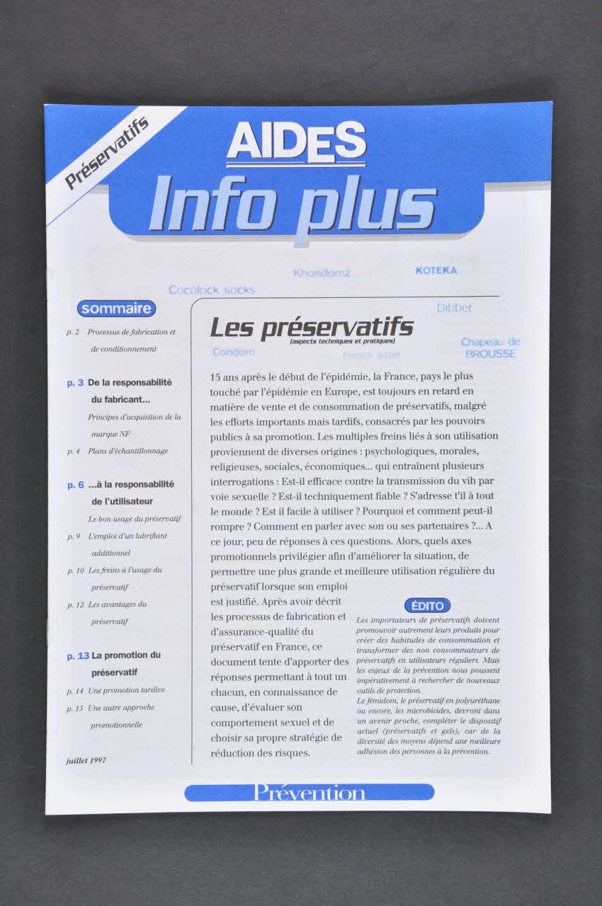 AIDES Revue associative "AIDES Info plus : Les préservatifs (aspects techniques et pratiques)" France 1997/7 2003.100.19 Photo Mucem