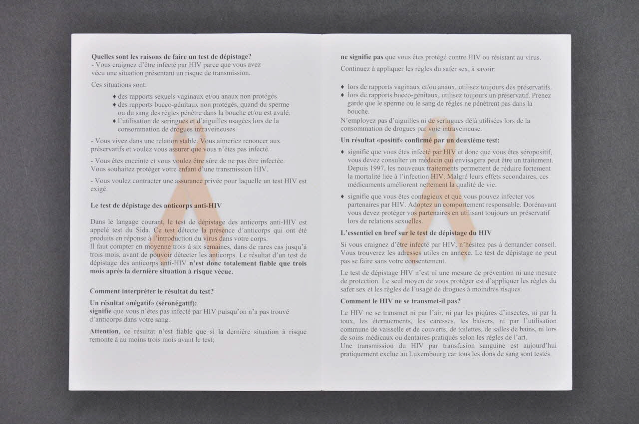 Dépliant "SIDA. Informations sur le test de dépistage HIV" 2005.10.6 Photo Mucem