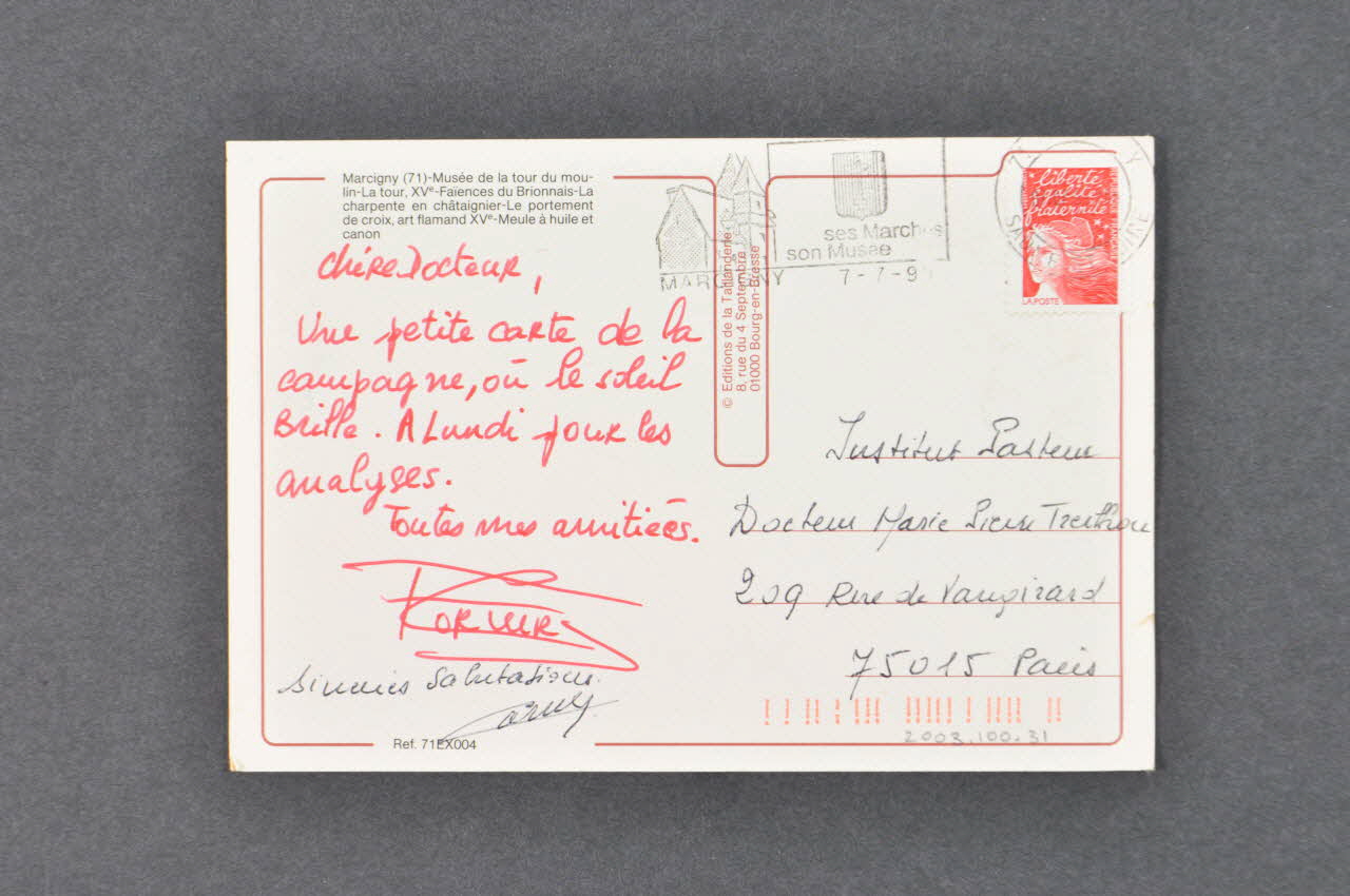 Hôpital Pasteur - Personnel et malades carte postale Carte postale envoyée de Marcigny (71) par un malade France 1999 2003.100.31 Photo Mucem