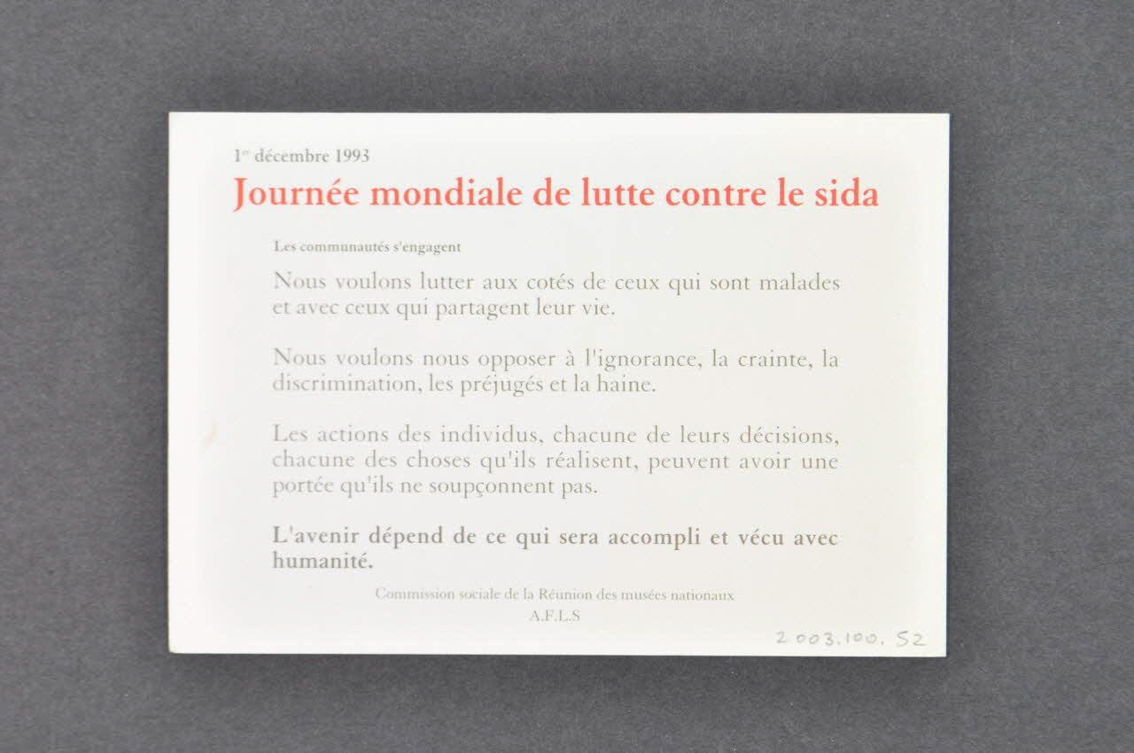 Commission Sociale De La Réunion Des Musées carte postale 1er décembre 1993 Journée mondiale de lutte contre le sida" France 1993 2003.100.52 Photo Mucem