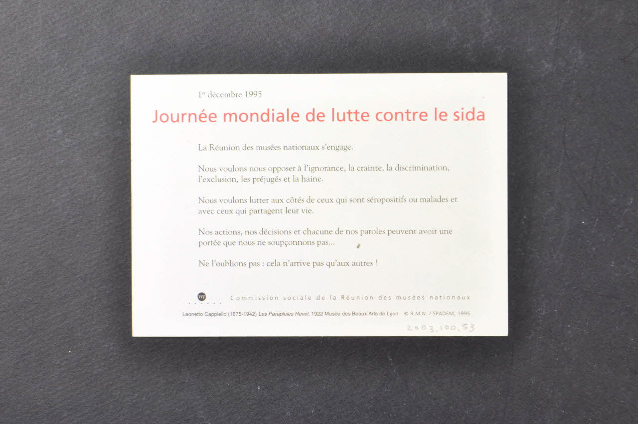 Commission Sociale De La Réunion Des Musées carte postale 1er décembre 1995 Journée mondiale de lutte contre le sida" France 1995 2003.100.53 Photo Mucem