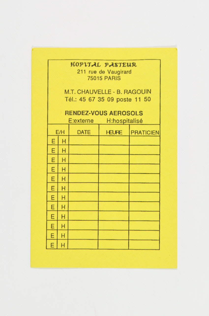 Hôpital Pasteur - Personnel et malades Carte de rendez-vous Fiche de rendez vous aérosol France 1999 2003.100.6 Photo Mucem