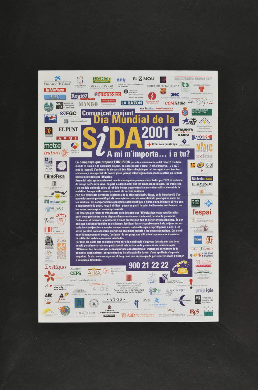 Comité 1er Décembre affichette "Comunicat conjunt Dia Mundial de la SIDA 2001" Communiqué commun de la journée mondiale du sida 2001. cela me concerne... et toi ?) Espagne 2001 2003.101.11 Photo Mucem