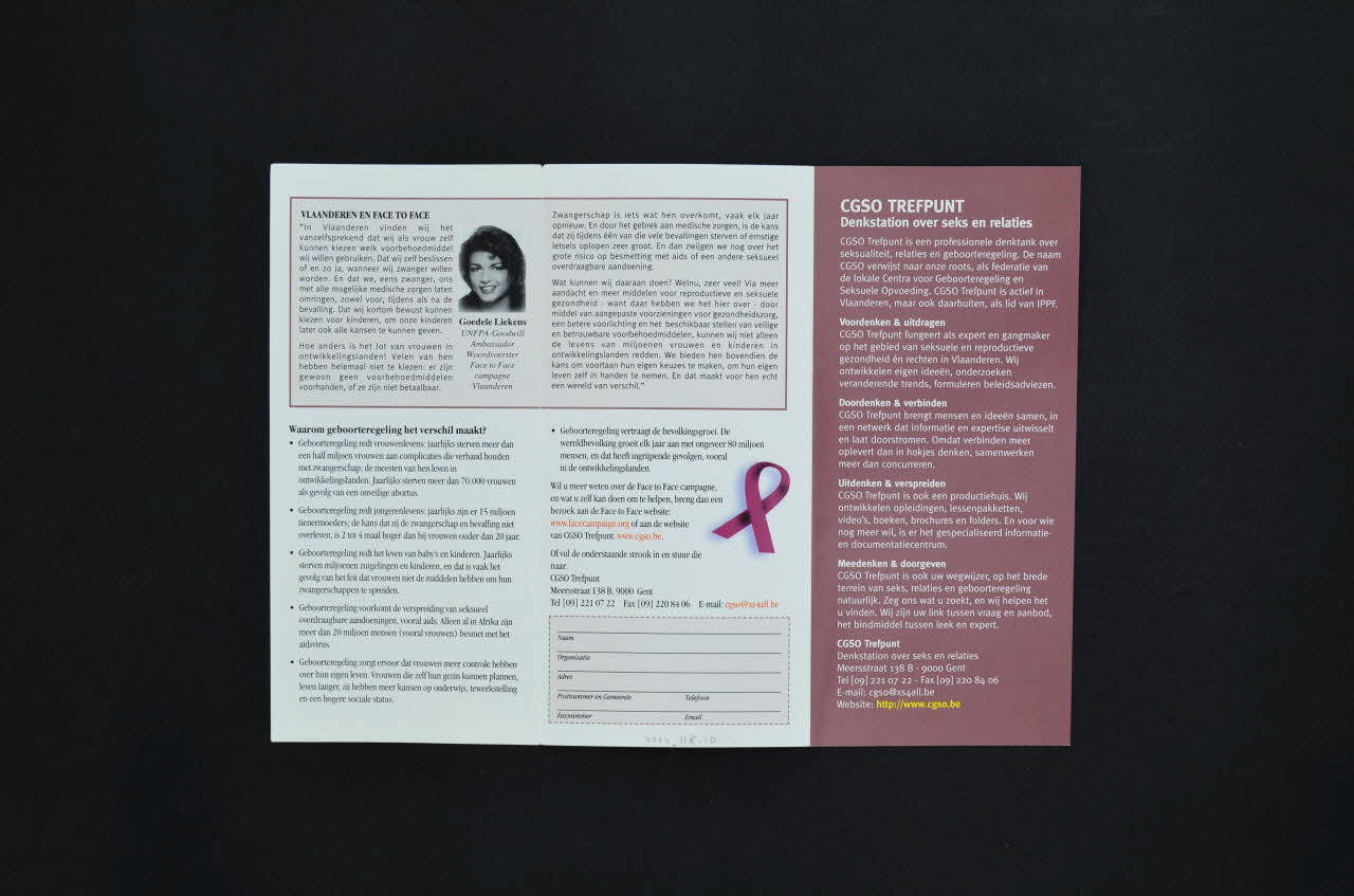 Cgso Trefpunt, Unfpa (United Nation Population Dépliant "Face to face. Internationale campagne. Een campagne voor seksuele en reproductieve rechten" (Une campagne pour les droits sexuels et reproductifs) Belgique 1999 2004.118.10 Photo Mucem