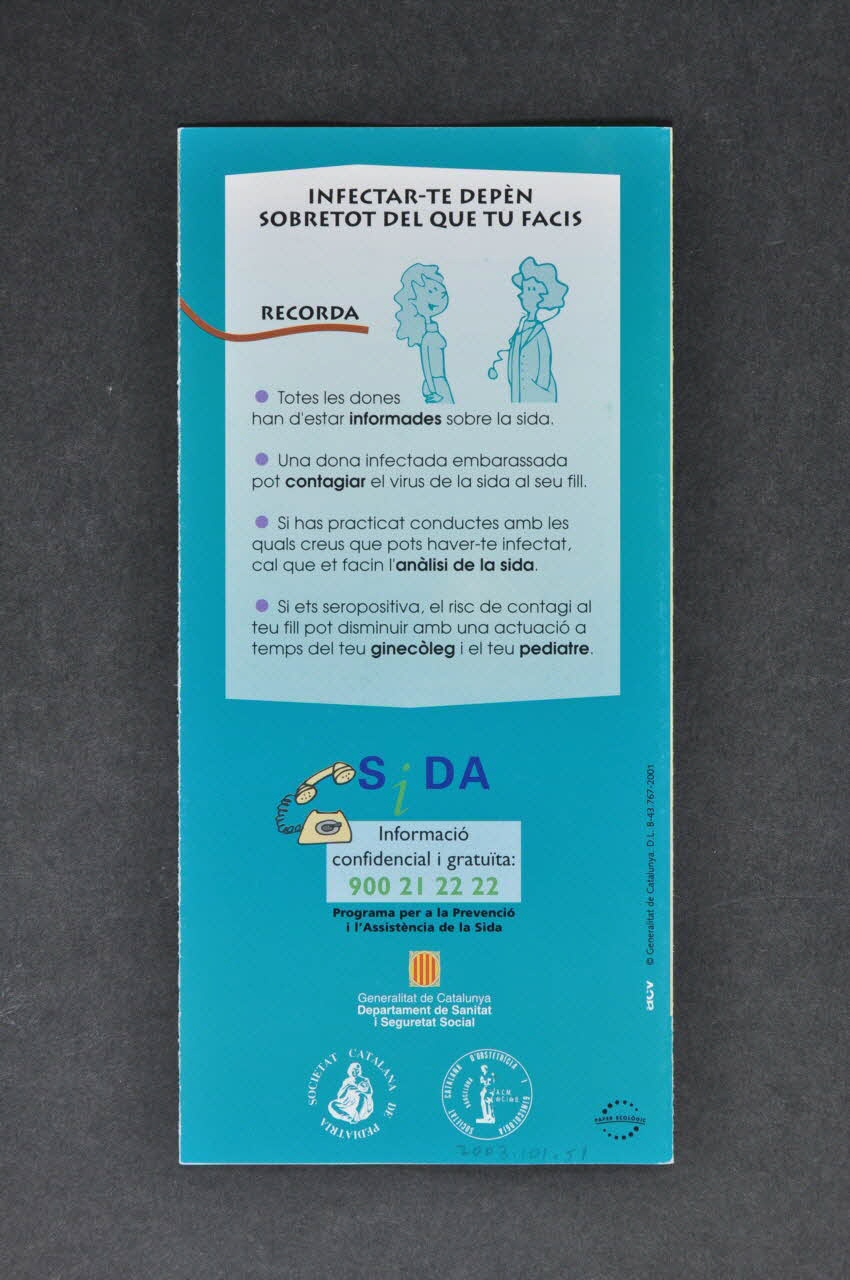 Generalitat De Catalunya, Departament de Sanitat i Assistència Social Dépliant "Embaras i sida" (Grossesse et sida) Espagne 2001 2003.101.51 Photo Mucem
