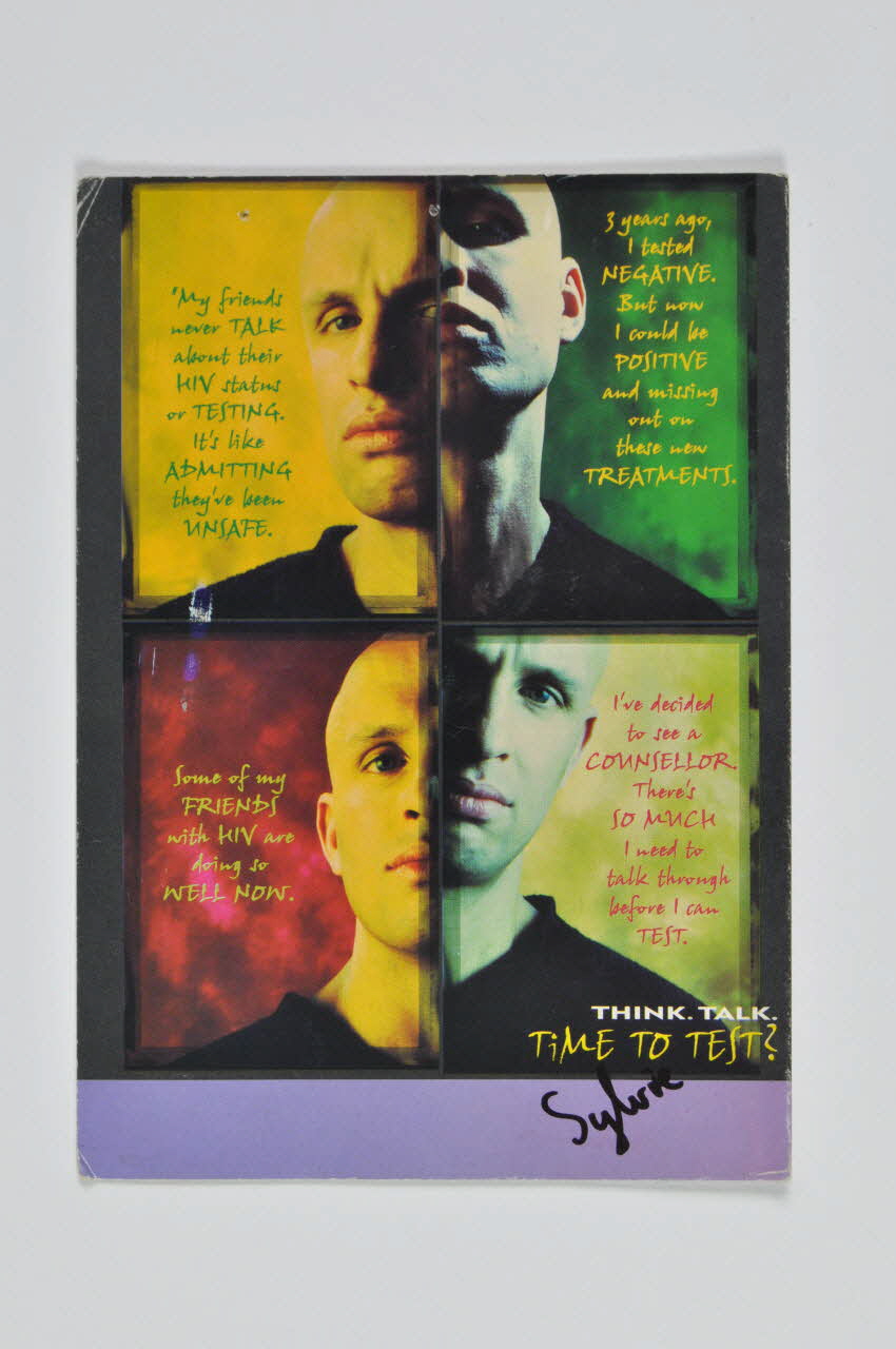 Terrence Higgins Trust carte postale "Think. Talk. Time to test ?" (Penser Parler Temps de se faire dépister ?) Grande Bretagne 1998 2005.101.116  Photo Mucem