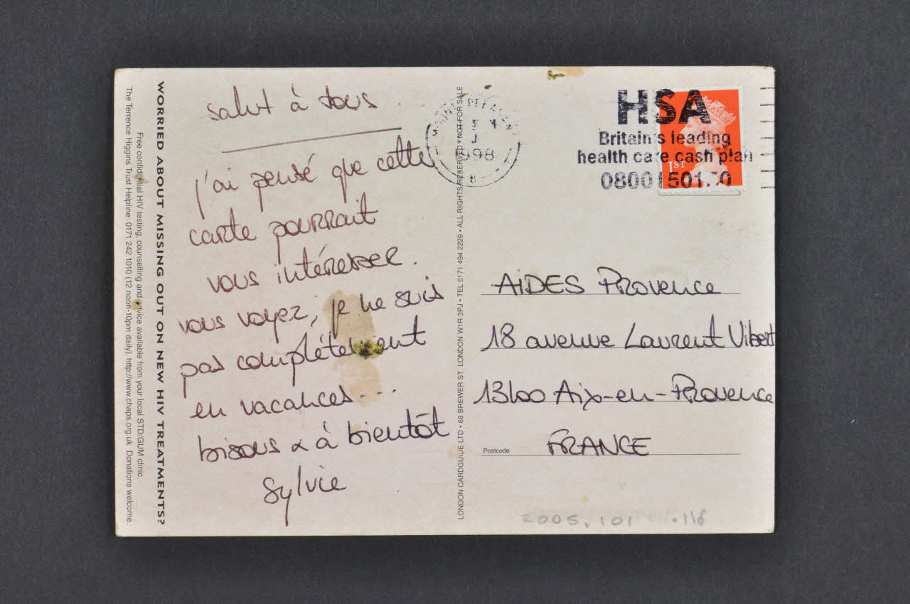 Terrence Higgins Trust carte postale "Think. Talk. Time to test ?" (Penser Parler Temps de se faire dépister ?) Grande Bretagne 1998 2005.101.116  Photo Mucem