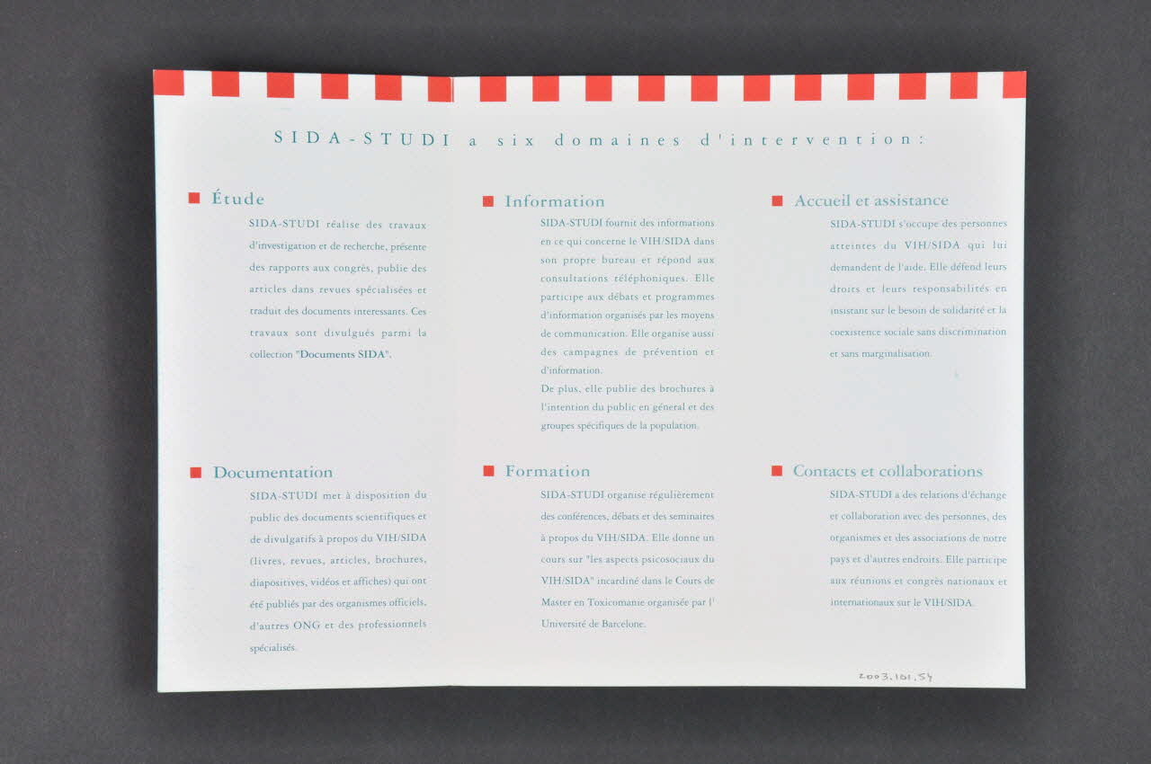 Dépliant "Sida-Studi. Associacio de Servei i Documentacio" (en français) 2003.101.54 Photo Mucem