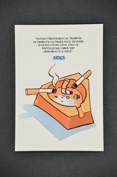 carte postale "On peut parfaitement se tromper de cigarette ou piquer celle du voisin si on n'en a plus. Est-il utile de rappeller que fumer nuit gravement à la santé ?" / "Campagne VIH/Sida et milieu de travail" 2005.101.130 Photo Mucem