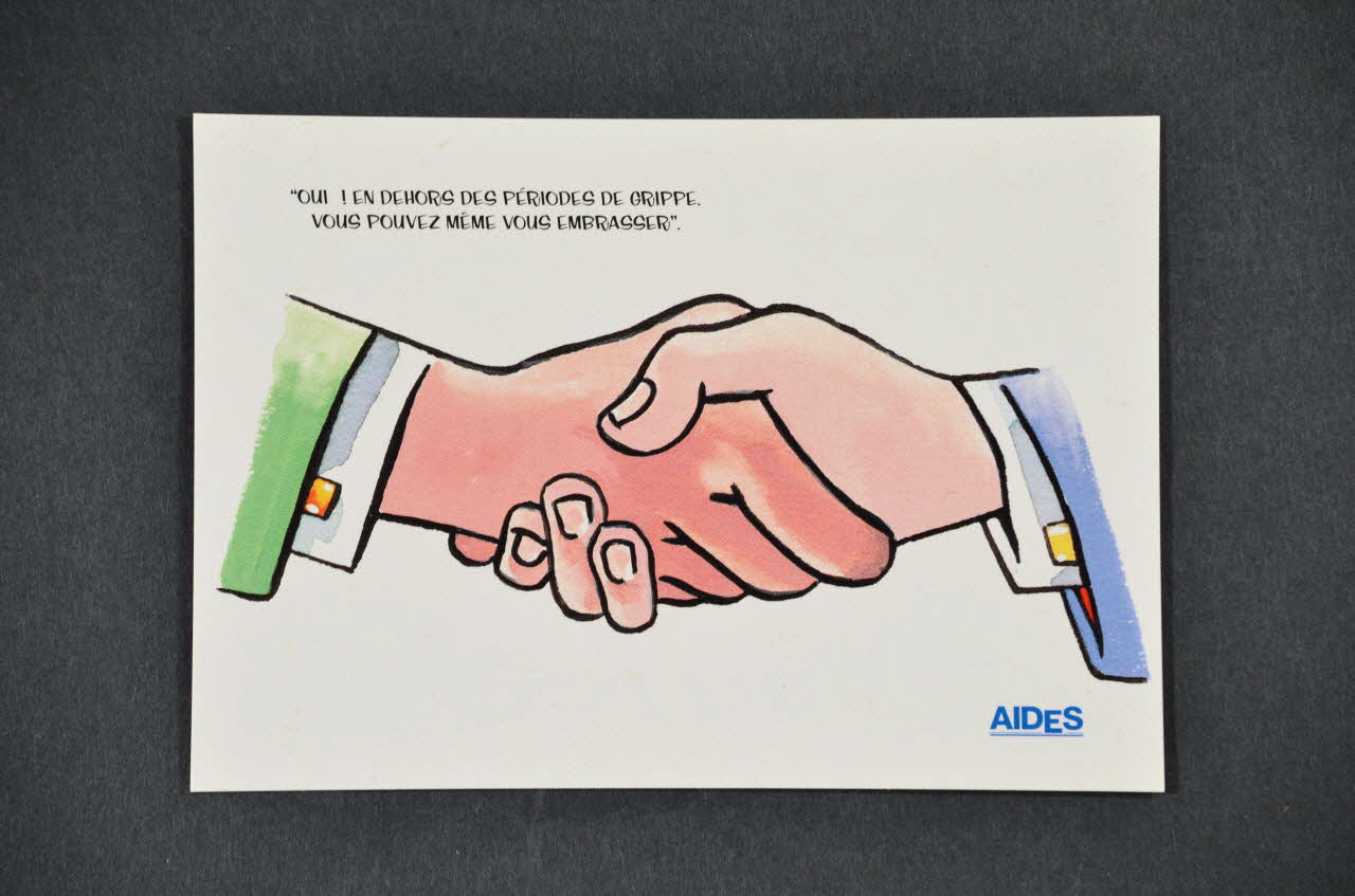carte postale "Oui ! En dehors des périodes de grippe vous pouvez même vous embrasser ." / "Campagne VIH/Sida et milieu de travail" 2005.101.134 Photo Mucem