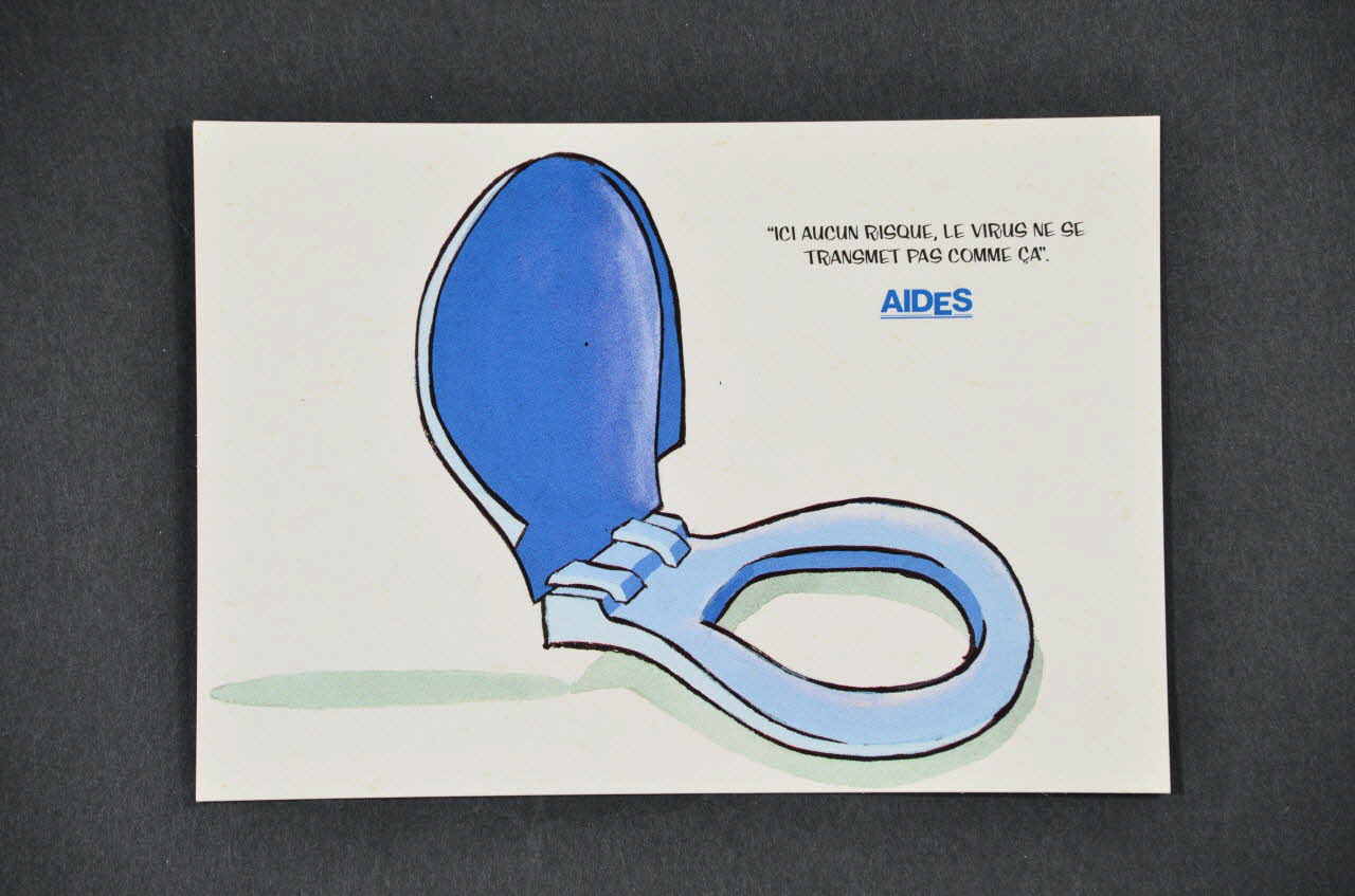 carte postale "Ici aucun risque. Le virus ne se transmet pas comme ça." / "Campagne VIH/Sida et milieu de travail" 2005.101.139 Photo Mucem