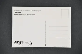 carte postale "Ici aucun risque. Le virus ne se transmet pas comme ça." / "Campagne VIH/Sida et milieu de travail" 2005.101.139 Photo Mucem