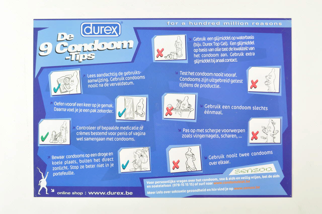 Sensoa / Durex affiche " De 9 condoms -tips" (Les 9 conseils concernant le préservatif) Belgique 2004 2004.118.6 Photo Mucem