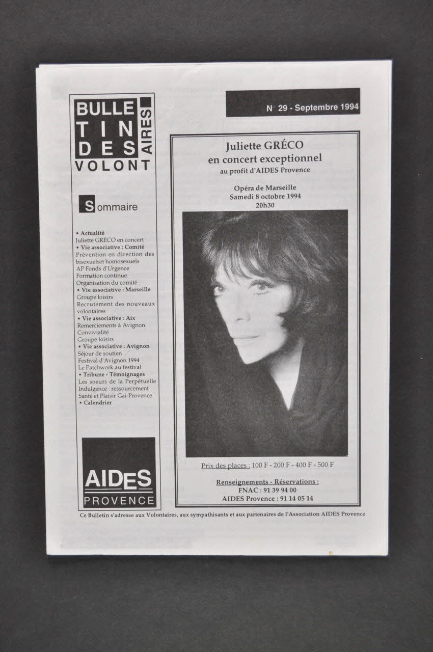 Aides Provence Bulletin associatif Bulletin des volontaires, n° 29, septembre 1994 / Juliette Gréco en concert France 1994/9 2005.101.17.1-2 Photo Mucem