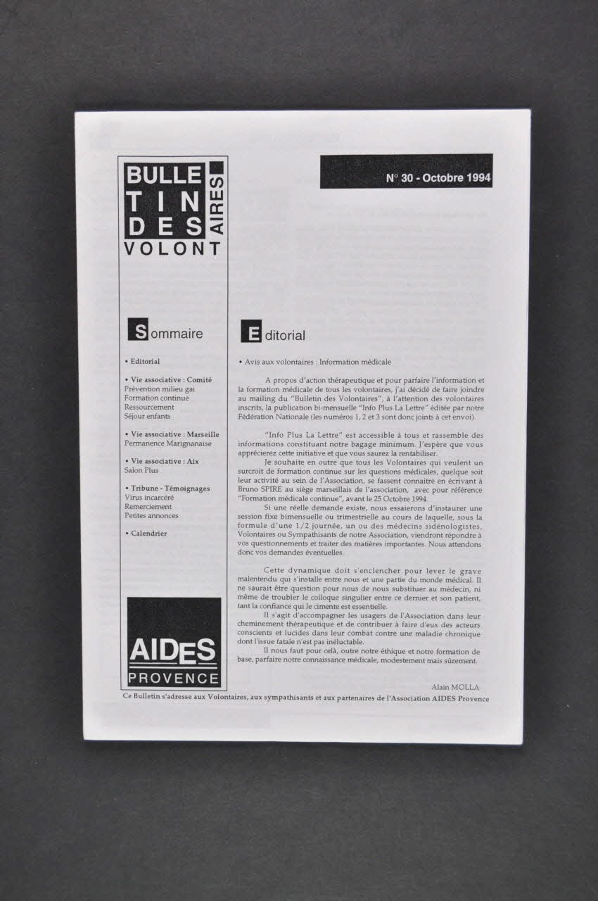 Aides Provence Bulletin associatif Bulletin des volontaires, n° 30, octobre 1994 / Avis aux volontaires France 1994/10 2005.101.18.1-2 Photo Mucem