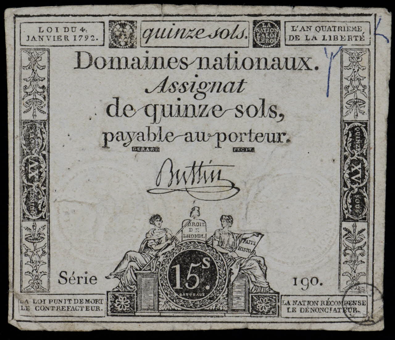 Gatteaux Nicolas Marie billet de banque Domaines nationaux.  Assignat  de quinze sols,  payable au porteur. France 1792 1972.19.49 Photo Mucem
