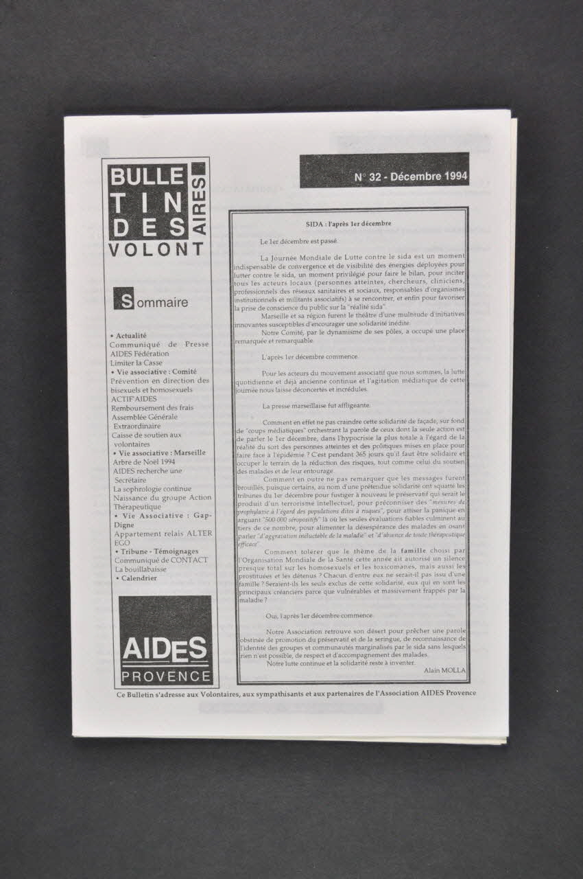 Aides Provence Bulletin associatif Bulletin des volontaires, n° 32, décembre 1994 / Sida France 1994/12 2005.101.20.1-3 Photo Mucem