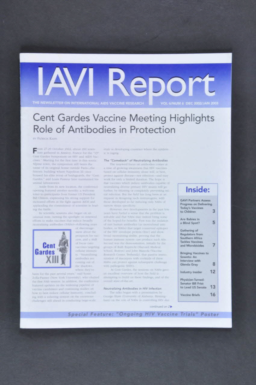International Aids Vaccine Initiative, New York revue "IAVI Report. The newsletter on International Aids Vaccine research"  (IAVI Report. La lettre d'information sur la recherche Internationale sur le vaccin contre le sida) International 2002/12 2003.101.9.1-2 Photo Mucem
