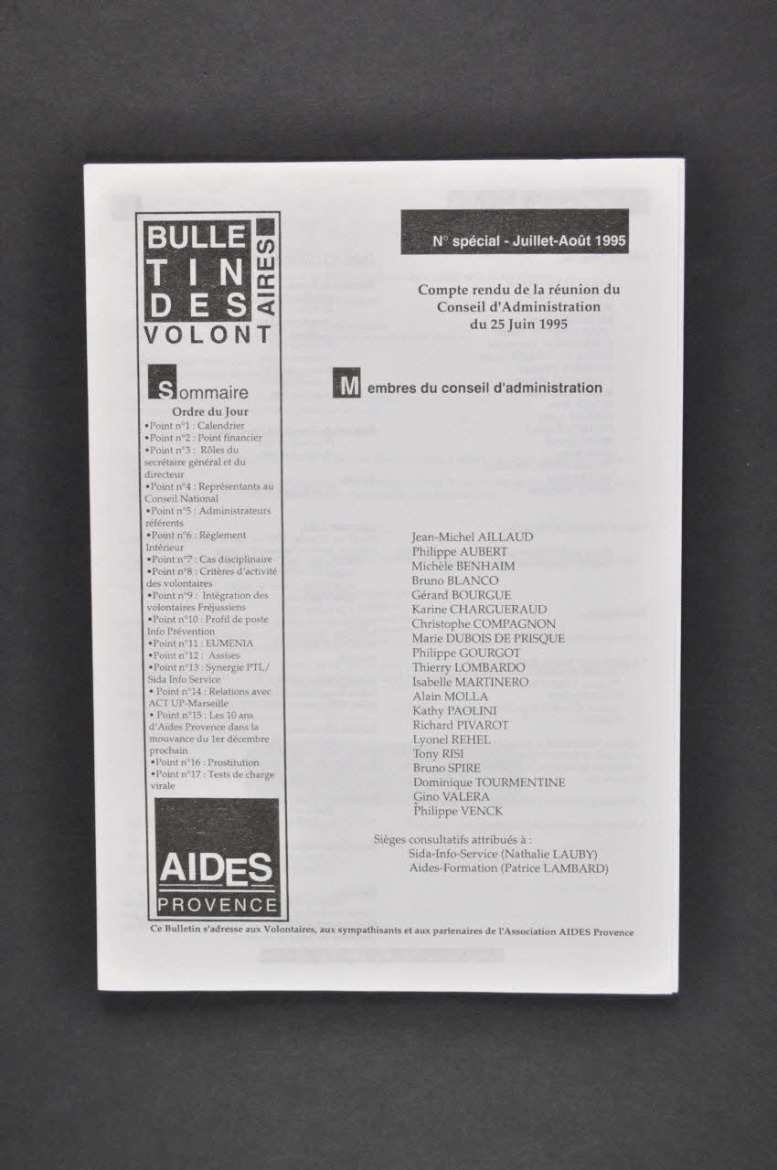 Aides Provence Bulletin associatif Bulletin des volontaires, juillet-août 1995, n° spécial / Compte rendu de la réunion du Conseil d'Administration du 25 juin 1995 France 1995 2005.101.27.1-4 Photo Mucem