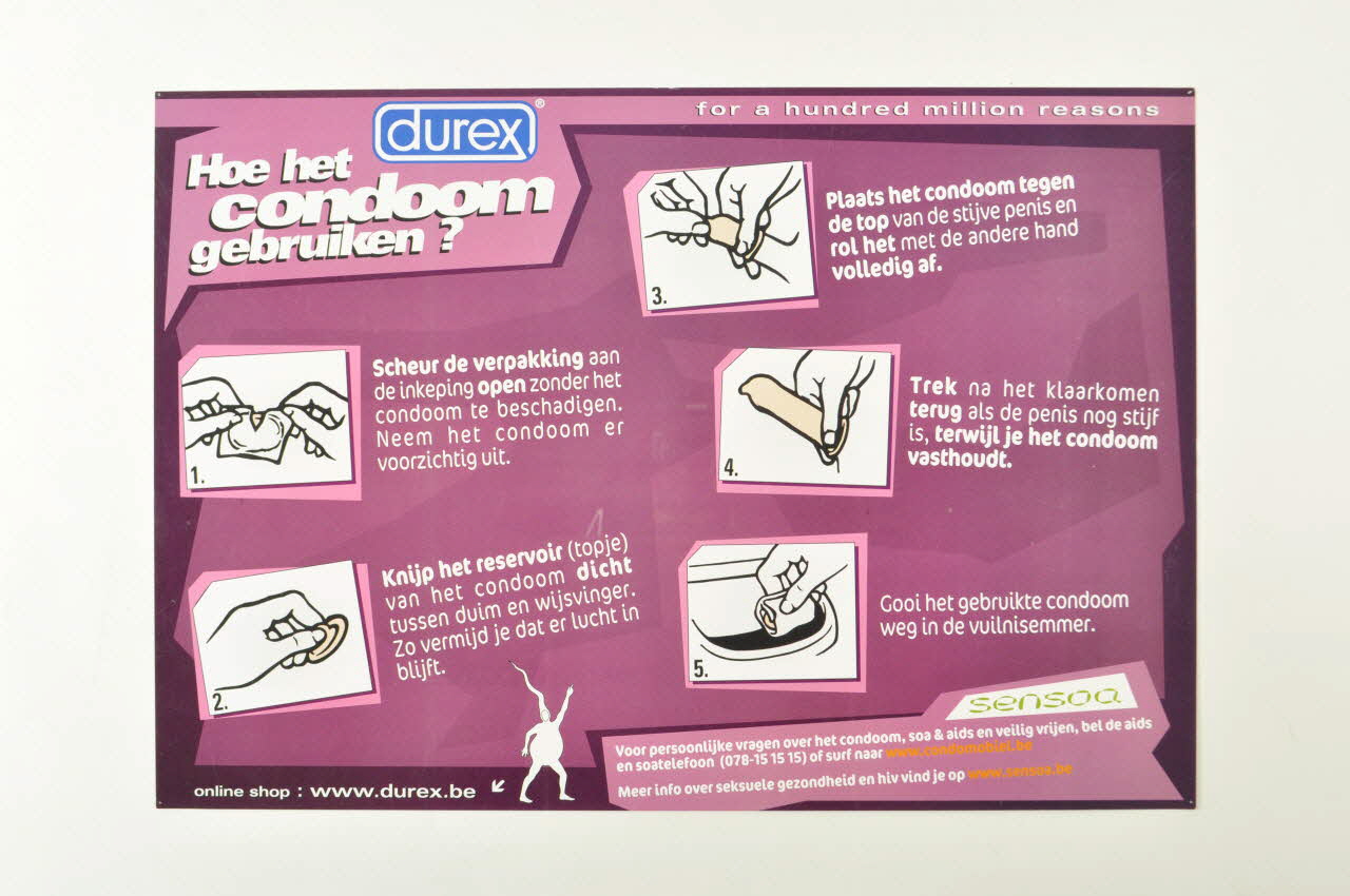 Sensoa / Durex affiche " Hoe het condom gebruiken?" (Comment poser un préservatif) Belgique 2004 2004.118.7 Photo Mucem