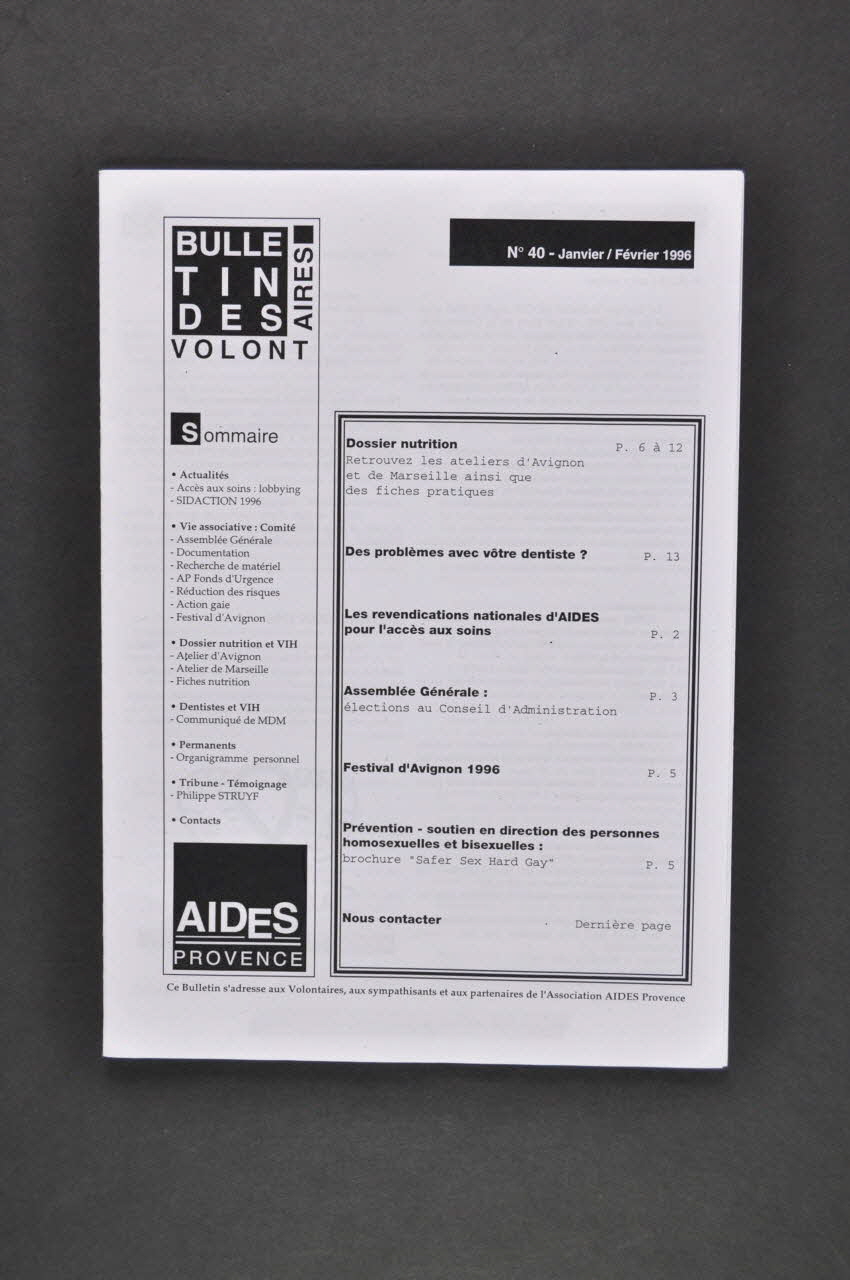 Aides Provence Bulletin associatif Bulletin des volontaires, janvier - février 1996, n° 40 / Dossier nutrition et VIH France 1996 2005.101.30.1-3 Photo Mucem