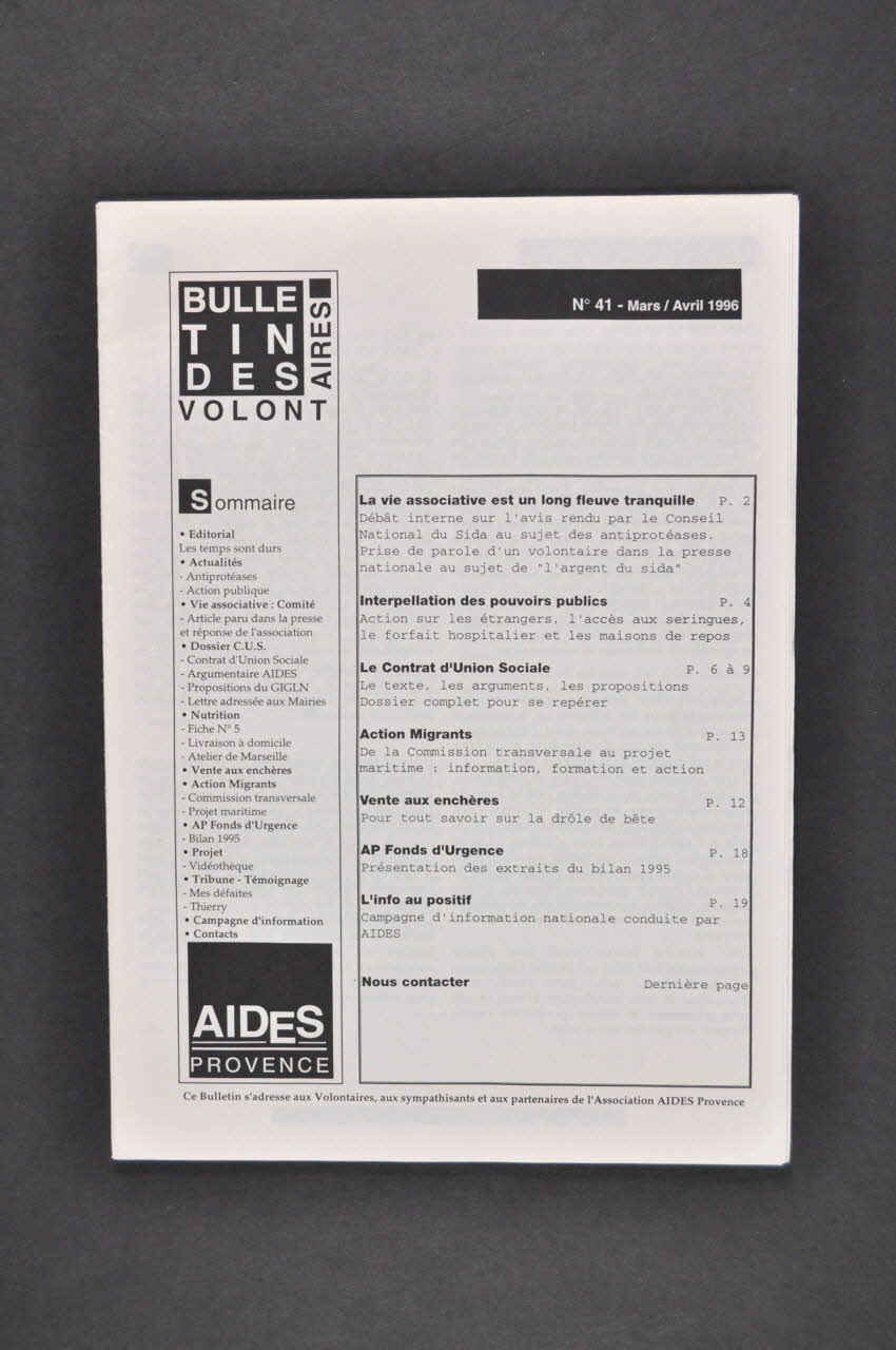 Aides Provence Bulletin associatif Bulletin des volontaires, mars avril 1996, n° 41 France 1996 2005.101.31.1-6 Photo Mucem