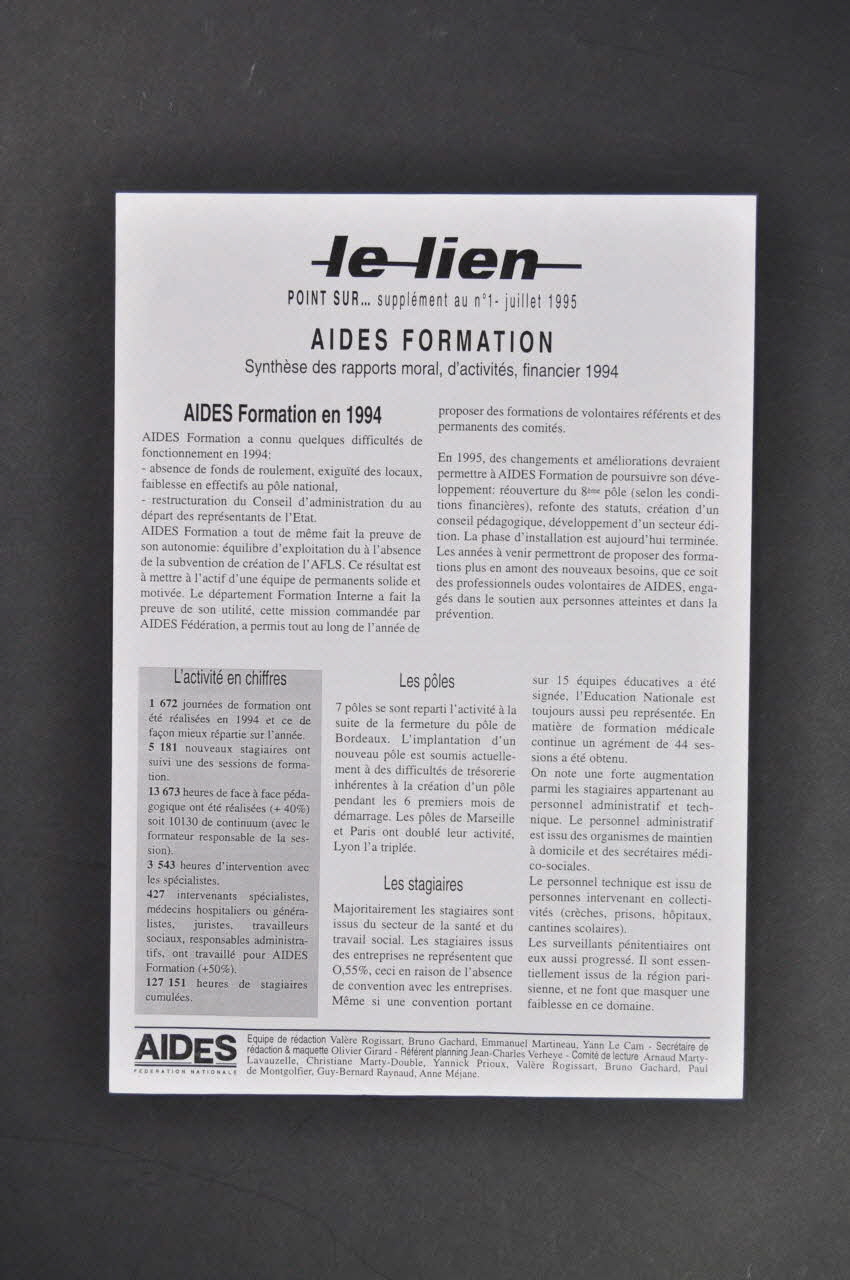 Aides Fédération Nationale Bulletin "Le lien", juillet 1995, supplément n° 1 : Aides Formation France 1995/7 2005.101.34 Photo Mucem