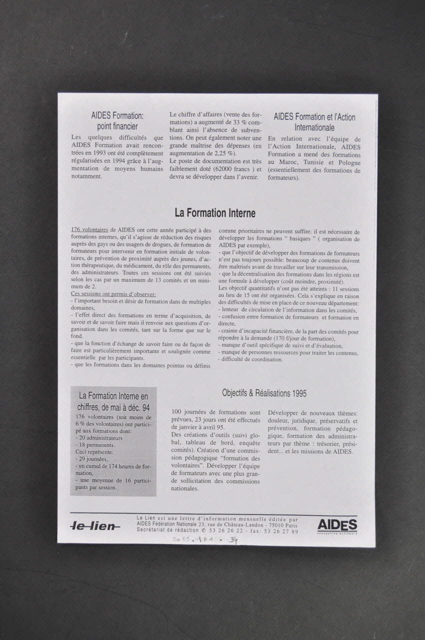Aides Fédération Nationale Bulletin "Le lien", juillet 1995, supplément n° 1 : Aides Formation France 1995/7 2005.101.34 Photo Mucem
