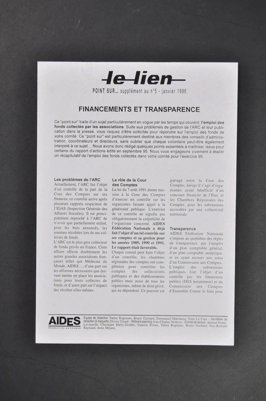 Aides Fédération Nationale Bulletin "Le lien", janvier 1996,  n° 5 supplément / Financements et transparence France 1996/1 2005.101.37 Photo Mucem