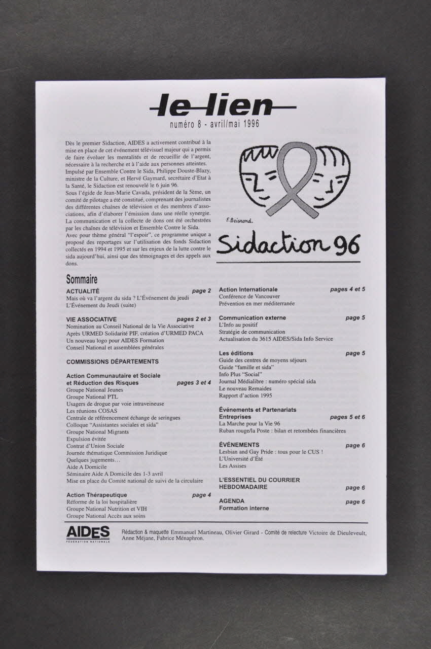 Aides Fédération Nationale Bulletin "Le lien", avril/mai 1996,  n° 8 / Sidaction 96 France 1996 2005.101.39.1-2 Photo Mucem