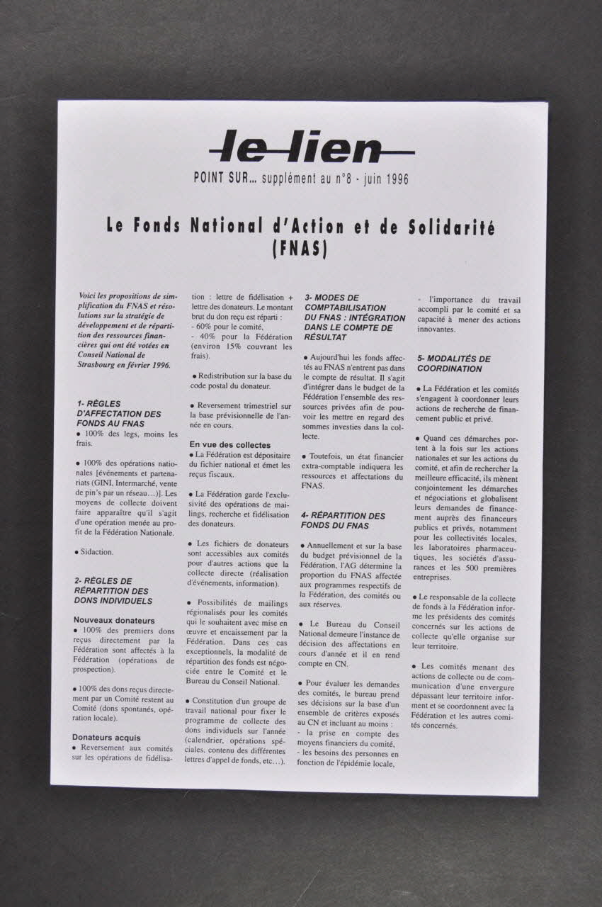 Aides Fédération Nationale Bulletin "Le lien", juin 1996,  n° 8 supplément / Le Fonds National d'Action et de Solidarité (FNAS) France 1996/6 2005.101.40 Photo Mucem