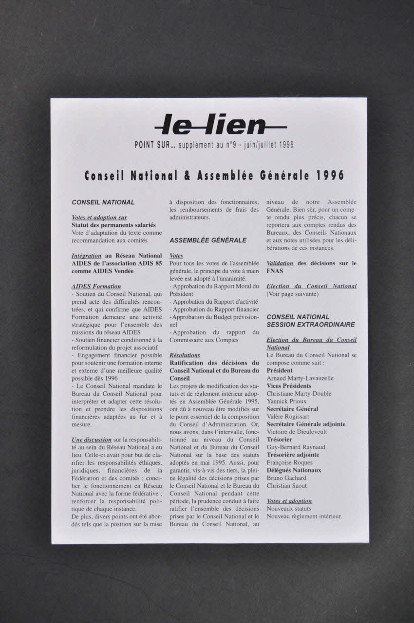 Aides Fédération Nationale Bulletin "Le lien", juin-juillet 1996,  n° 9 supplément / Conseil National et Assemblée Générale 1996 France 1996 2005.101.42 Photo Mucem