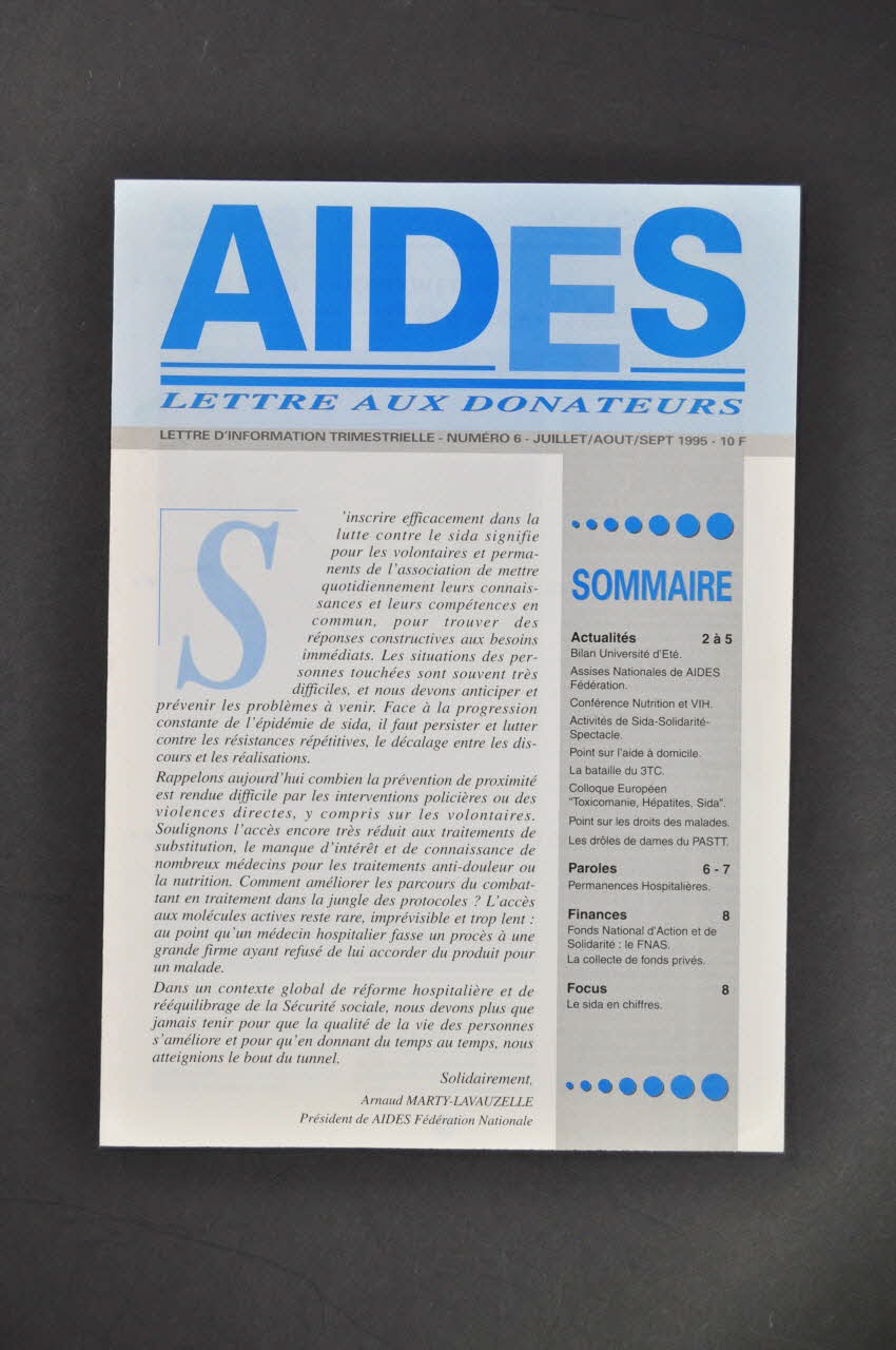 Aides Fédération Nationale Bulletin "AIDES Lettre aux donateurs", n° 6, juillet août septembre 1995 France 1995 2005.101.43.1-2 Photo Mucem