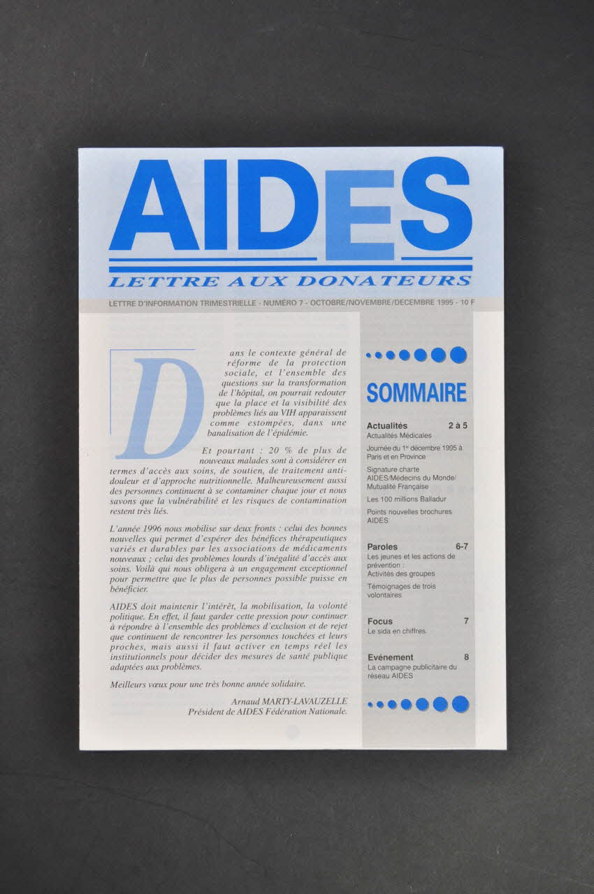 Aides Fédération Nationale Bulletin "AIDES Lettre aux donateurs", n° 7, octobre novembre décembre 1995 France 1995 2005.101.44.1-2 Photo Mucem