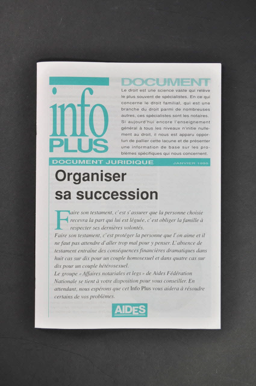 Aides Fédération Nationale Bulletin " Info Plus. Document juridique. Organiser sa succession" France 1995/1 2005.101.51 Photo Mucem