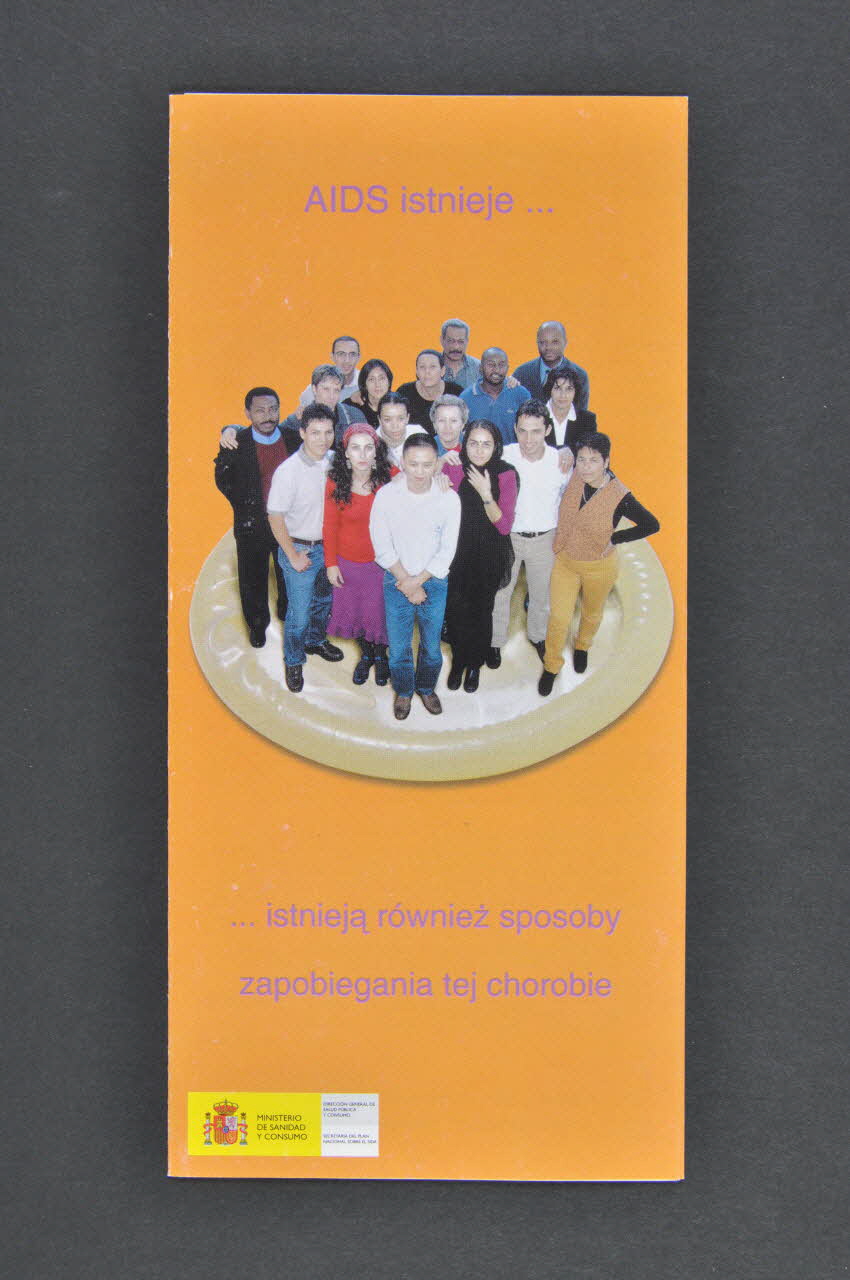 Espagne. Ministerio de sanidad y consumo Dépliant "AIDS istnieje...istnieja rowniez sposoby zapobiegania tej chorobie" (Le sida existe ...  les moyens de l'éviter aussi) Espagne 2003 2003.102.39 Photo Mucem