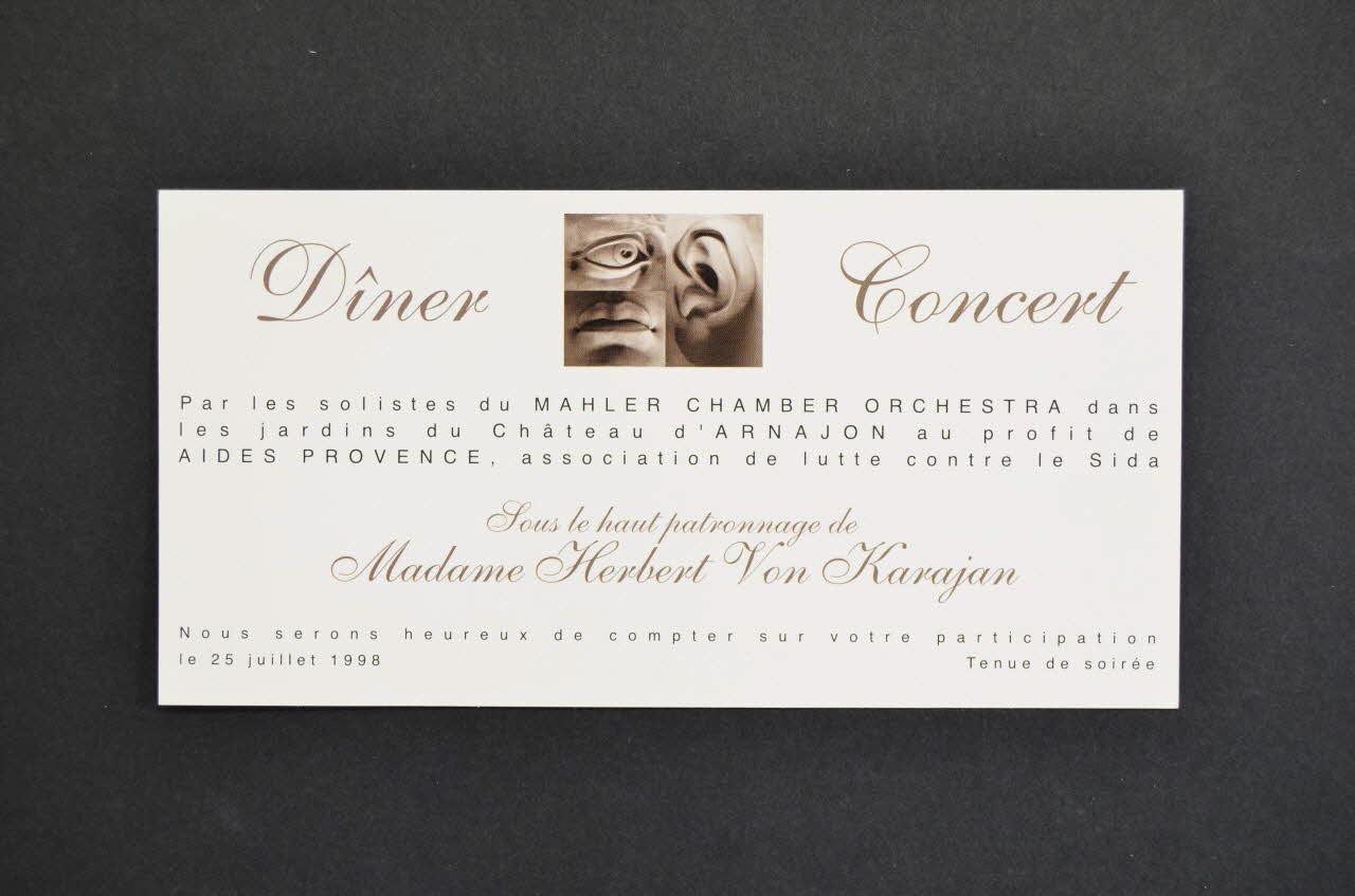 Aides Provence CARTON D'INVITATION "Dîner Concert au profit de Aides Provence, association de lutte contre le Sida" France 1998/7 2005.101.60 Photo Mucem