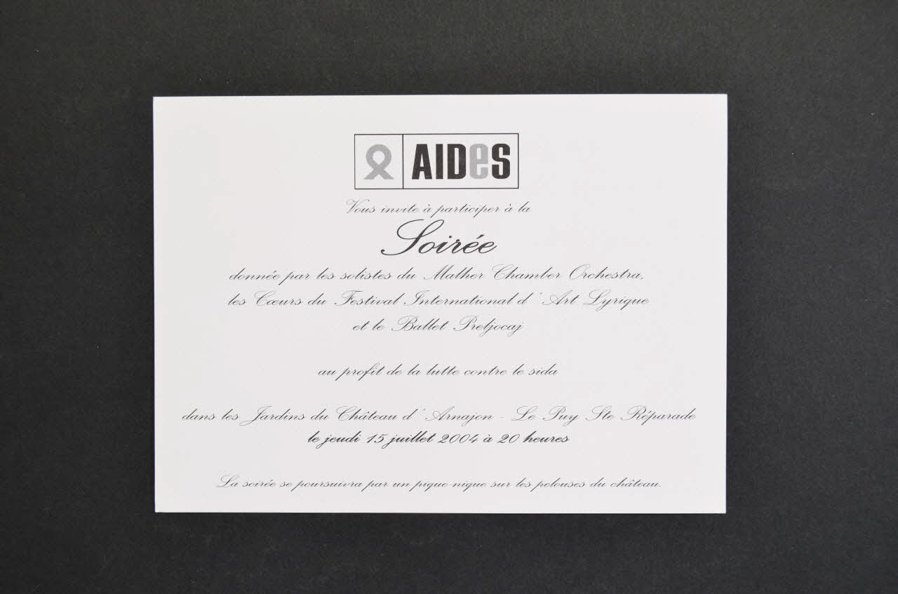 Aides Provence CARTON D'INVITATION "Soirée au profit de la lutte contre le sida" France 2004/7 2005.101.65 Photo Mucem