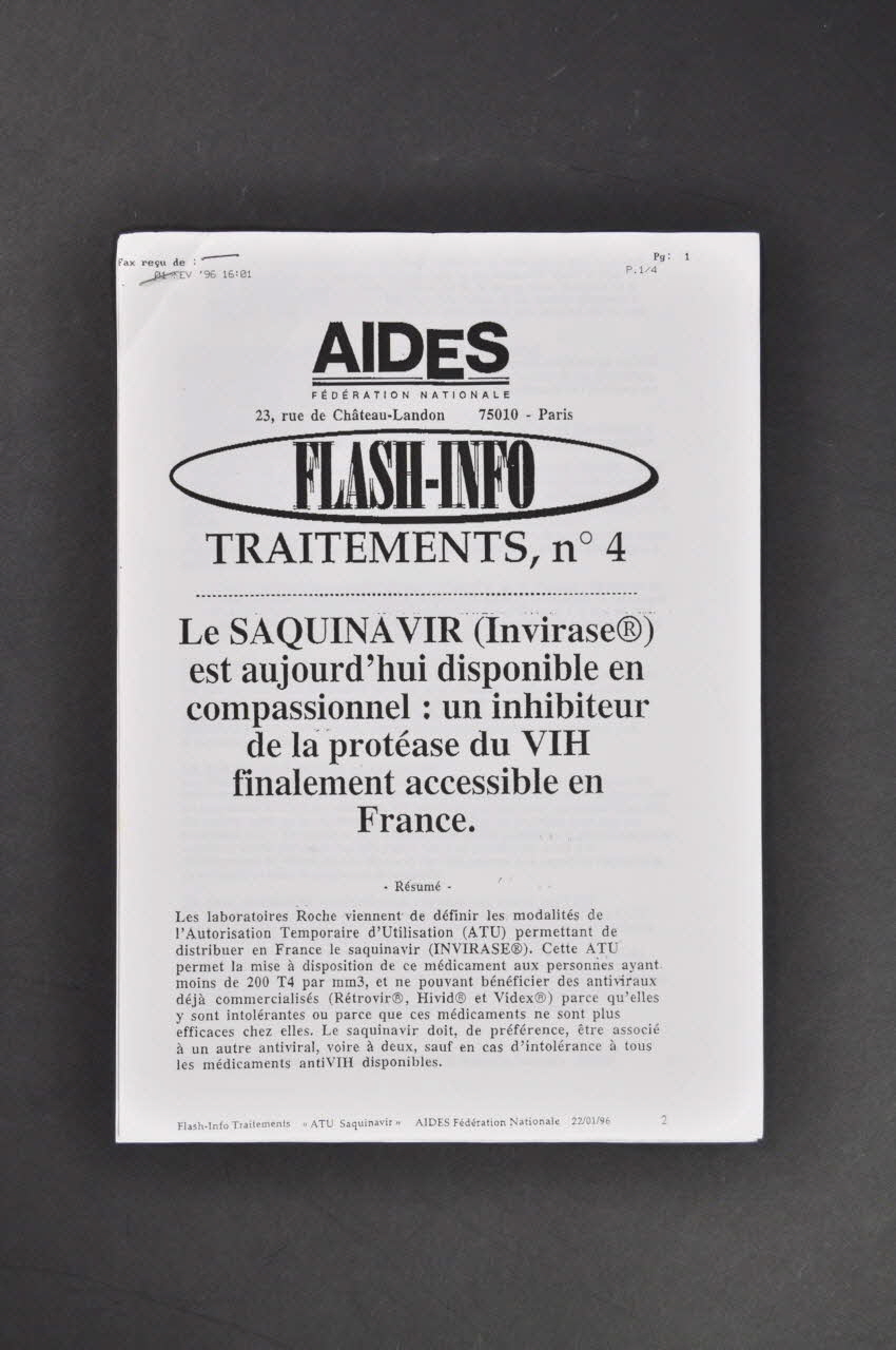 AIDES Bulletin associatif "Flash - Info Traitements, n° 4 : Le Saquinavir (Invirase) est aujourd'hui disponible en compassionnel : un inhibiteur de la protéase du VIH finalement accessible en France" France 1996/1/22 2005.101.69 Photo Mucem