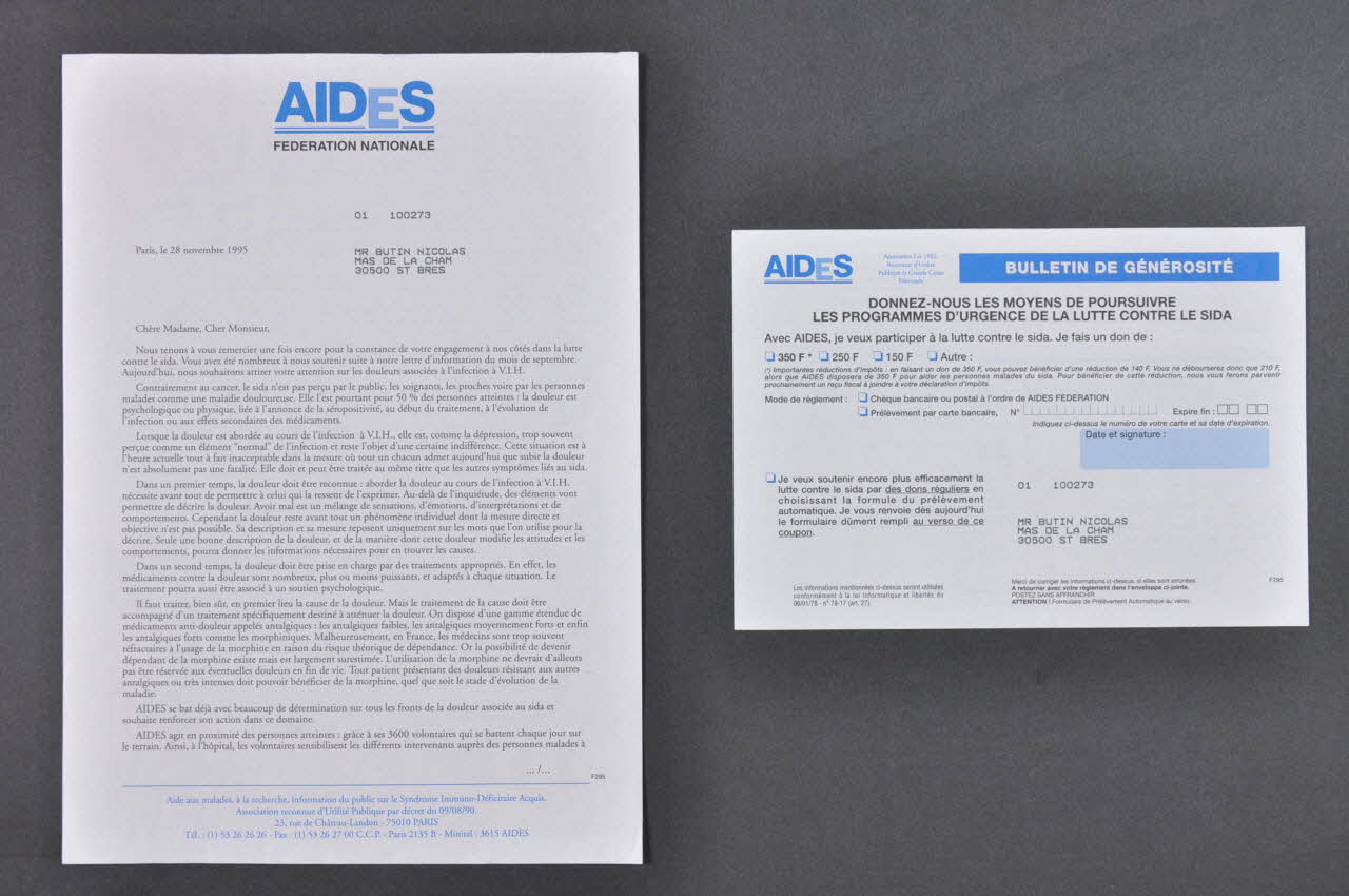 AIDES Bulletin de souscription lettre d'information sur la douleur France 1995/11/28 2005.101.70.1-2 Photo Mucem