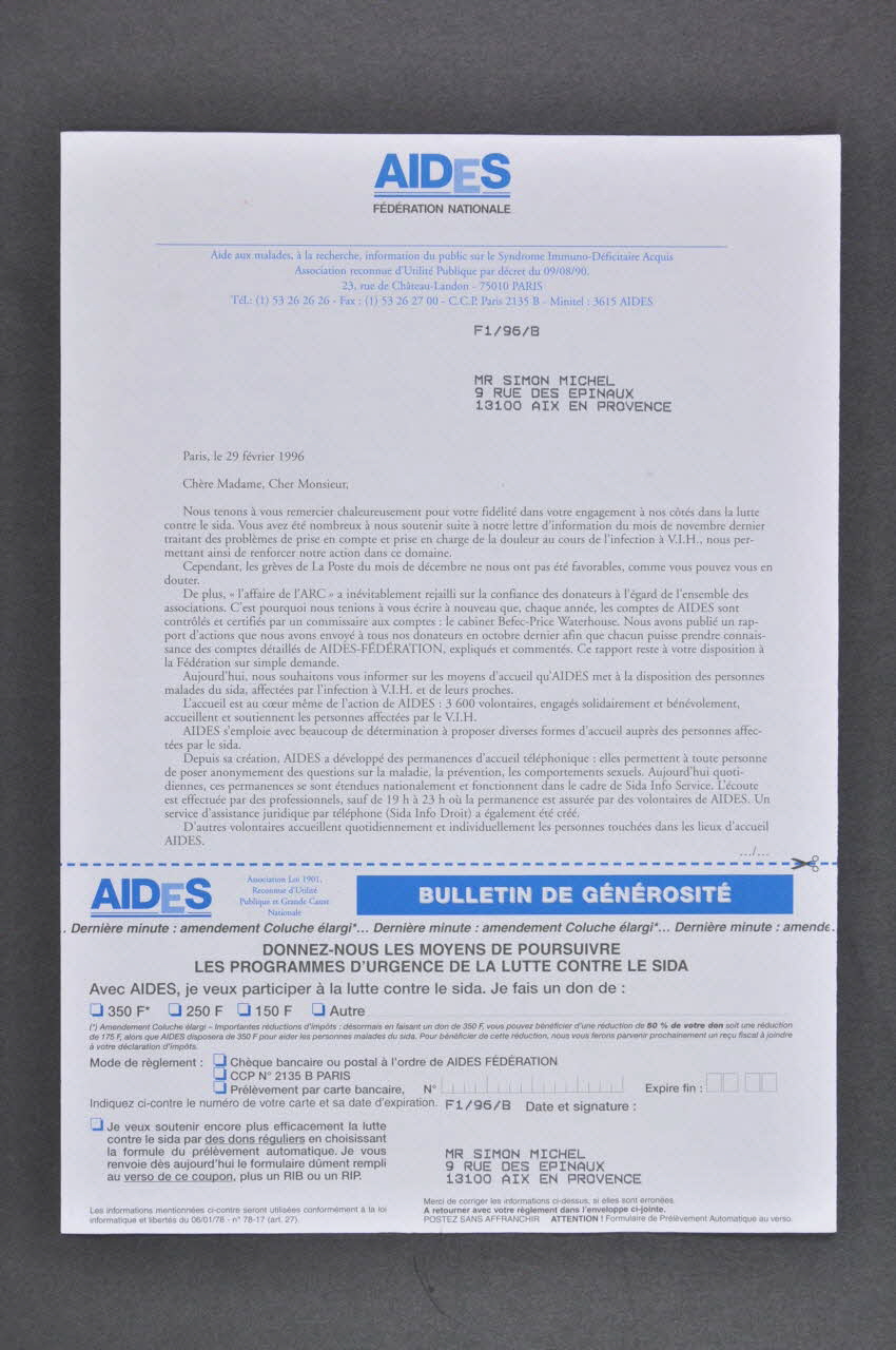 AIDES Bulletin de souscription France 1996/2/29 2005.101.71 Photo Mucem