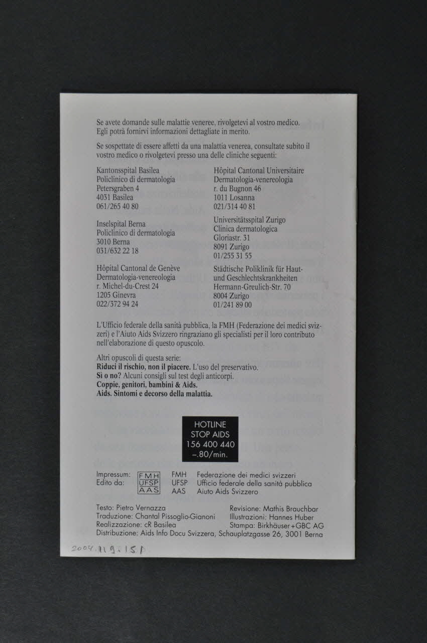 BROCHURE "Prevenire e riconoscere le malattie sessualmente trasmissibili" (en italien) (Prévenir et reconnaître les maladies sexuellement transmissibles) 2004.119.151 Photo Mucem