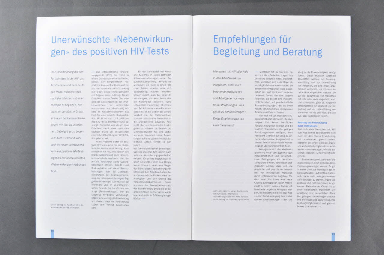 Aide Suisse Contre Le Sida (Ass) BROCHURE "Berufliche Wiedereingliederung von Menschen mit HIV oder Aids" (Réinsertion professionnelle des personnes qui vivent avec le VIH/sida) Lorraine, France 1999/4 2004.119.171 Photo Mucem