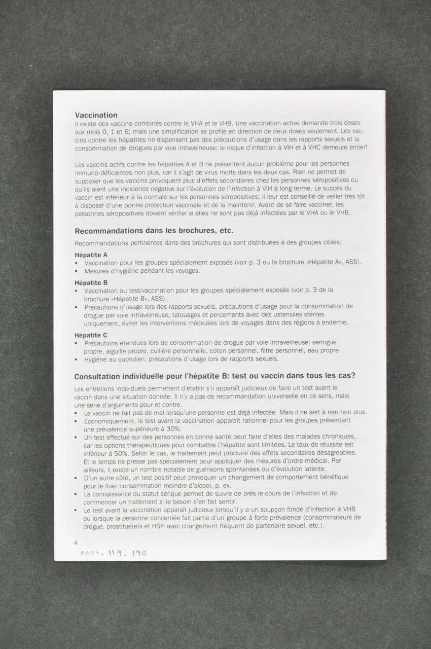 Aide Suisse Contre Le Sida (Ass) Dépliant "Hépatites. L'essentiel en bref. Information à l'usage des conseillers." (en français) Lorraine, France 2002/8 2004.119.190 Photo Mucem